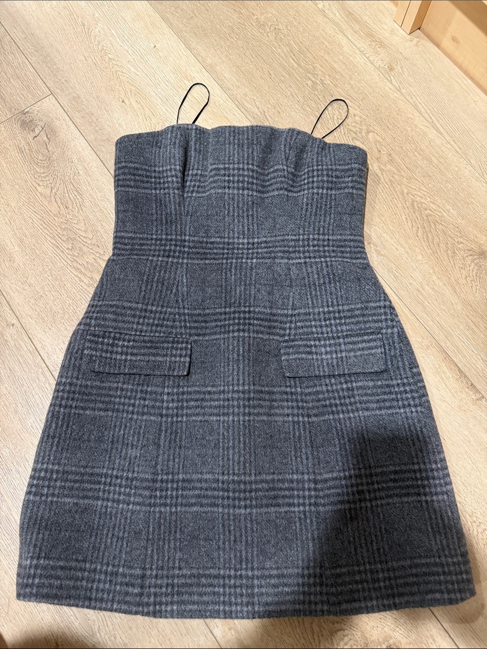 Reformation Gray Plaid Strapless Mini Dress